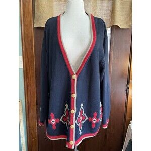 Vintage August Max Woman’s Plus Size 1X Button Front Cardigan Sweater Navy &Red